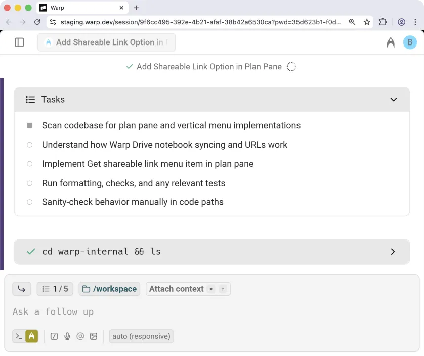 Live cloud agent session shared from a Linear issue, viewed in Warp on Web.